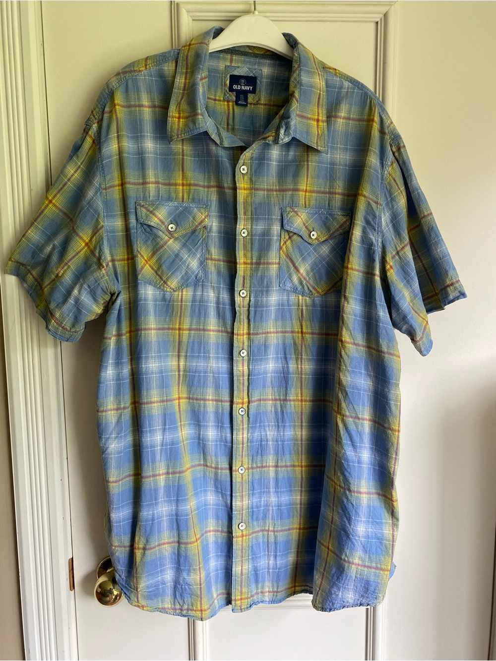 Old Navy Men’s Short Sleeve Plaid Button-Down Shirt - Blue & Yellow